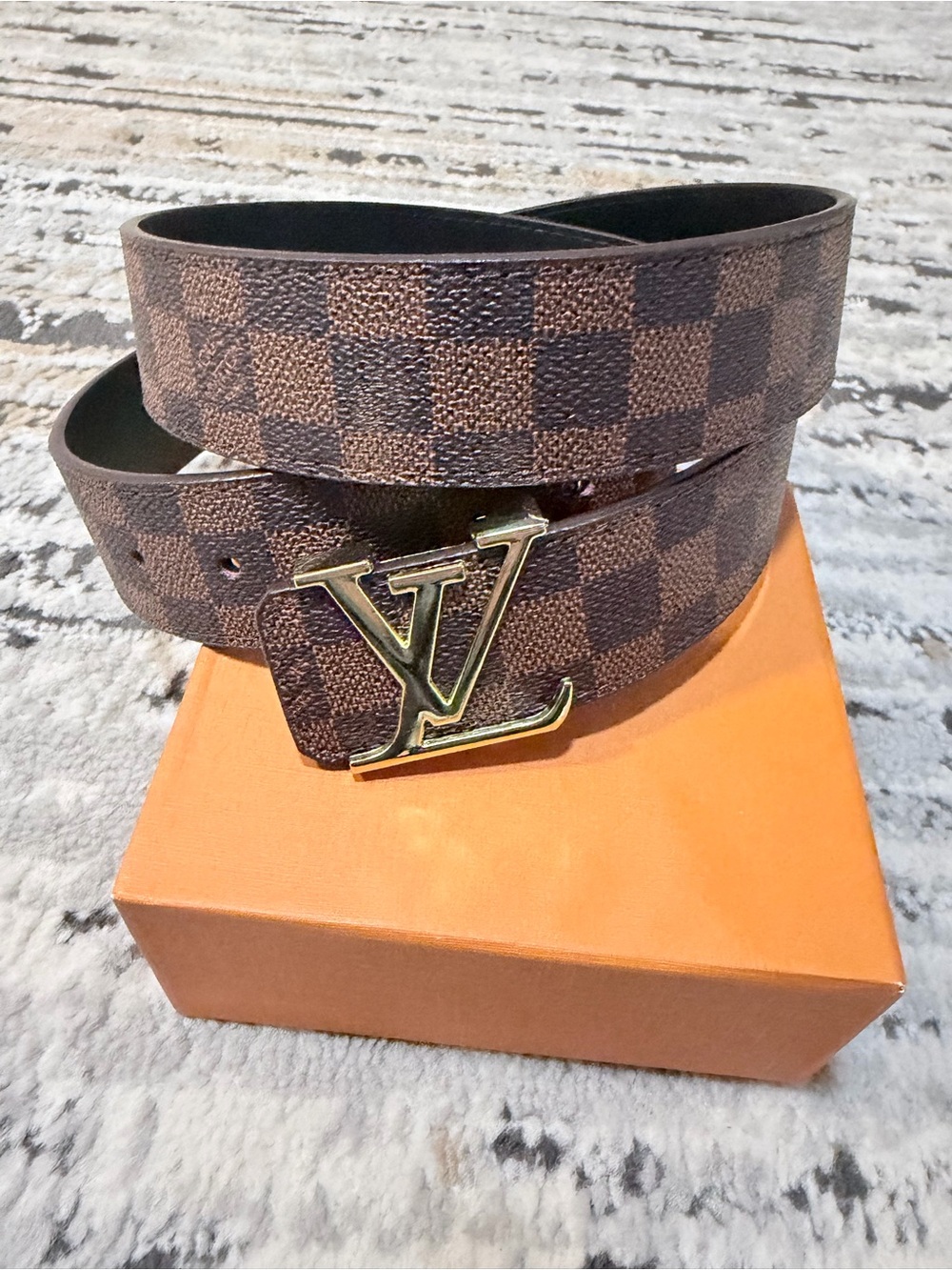 Fashion  Brown Damier Canvas Belt with Gold Buckle